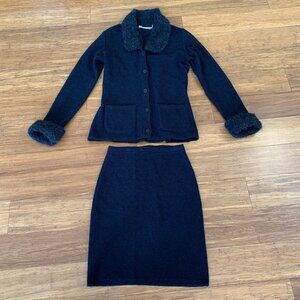 90's Miu Miu Womens Black Wool Knit Boucle Suit with Poodle Trim